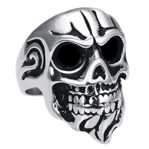 Men's Stainless Steel Goatee Skull Rings with Cubic Zirconia Eyes